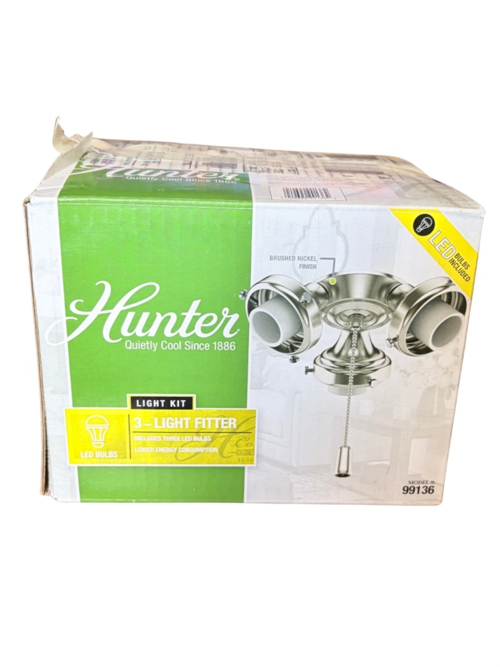 Hunter 99136 3-Light Ceiling Fan Fitter Brushed Nickel LED Bulbs